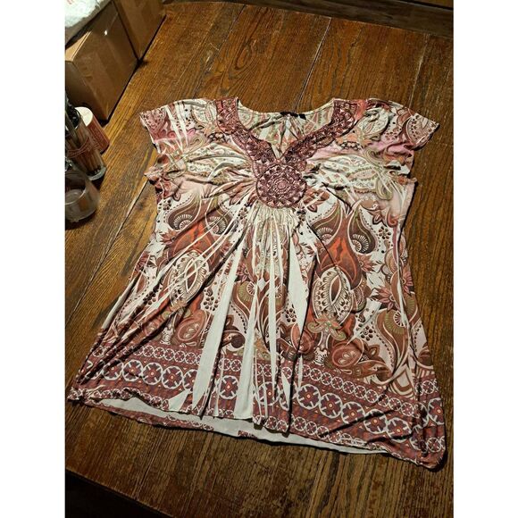 Apartment 9 Women’s 1X Boho Paisley Tunic Top V-Neck Embellished Lace - Picture 1 of 3